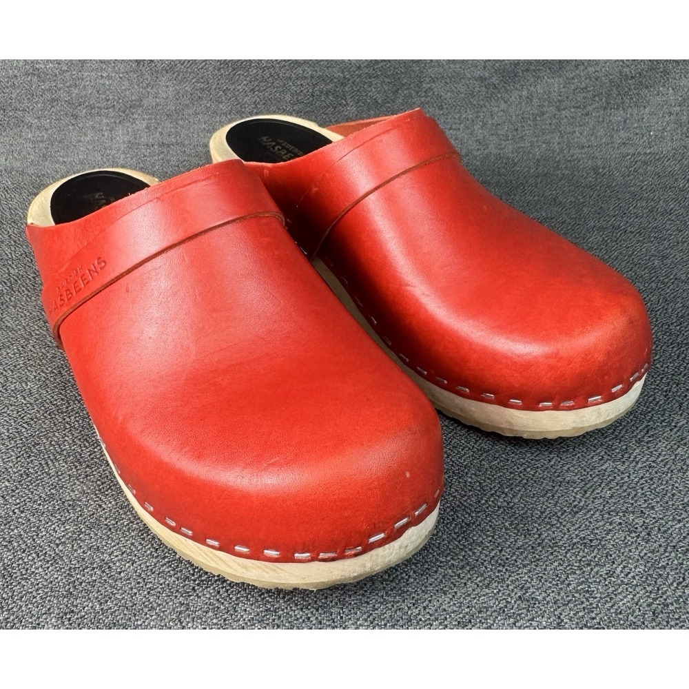 Hasbeens 37 Red Leather  US 6.5 Clogs Stockholm Sweden 2" Platform Block Heel